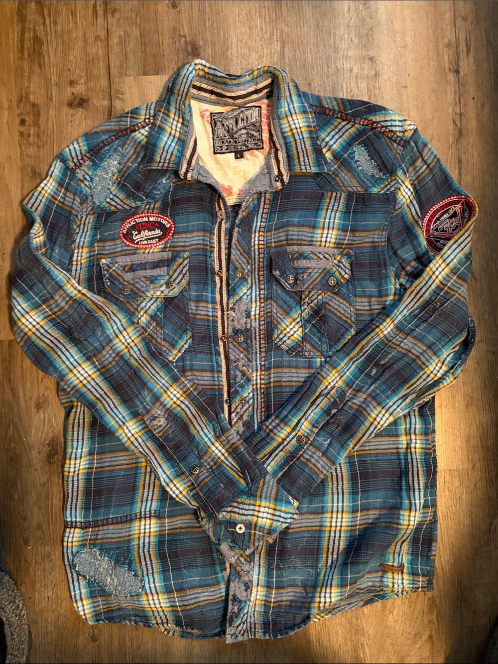 Vintage Affliction Blue Teal Yellow Plaid Button Down